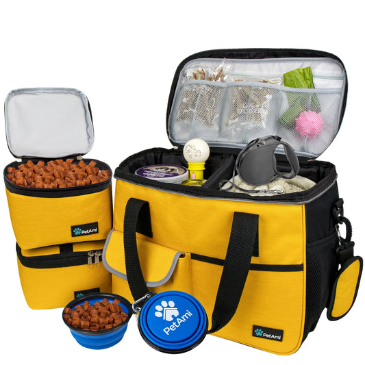Dog Travel Bag, Travel Pet Bag Organizer, Dog Food Travel Bag with Food Container and Bowls, Dog Travel Supplies Gift Accessories for Weekend Camping, Dog Cat Diaper Bag (Stripe Black, Medium)