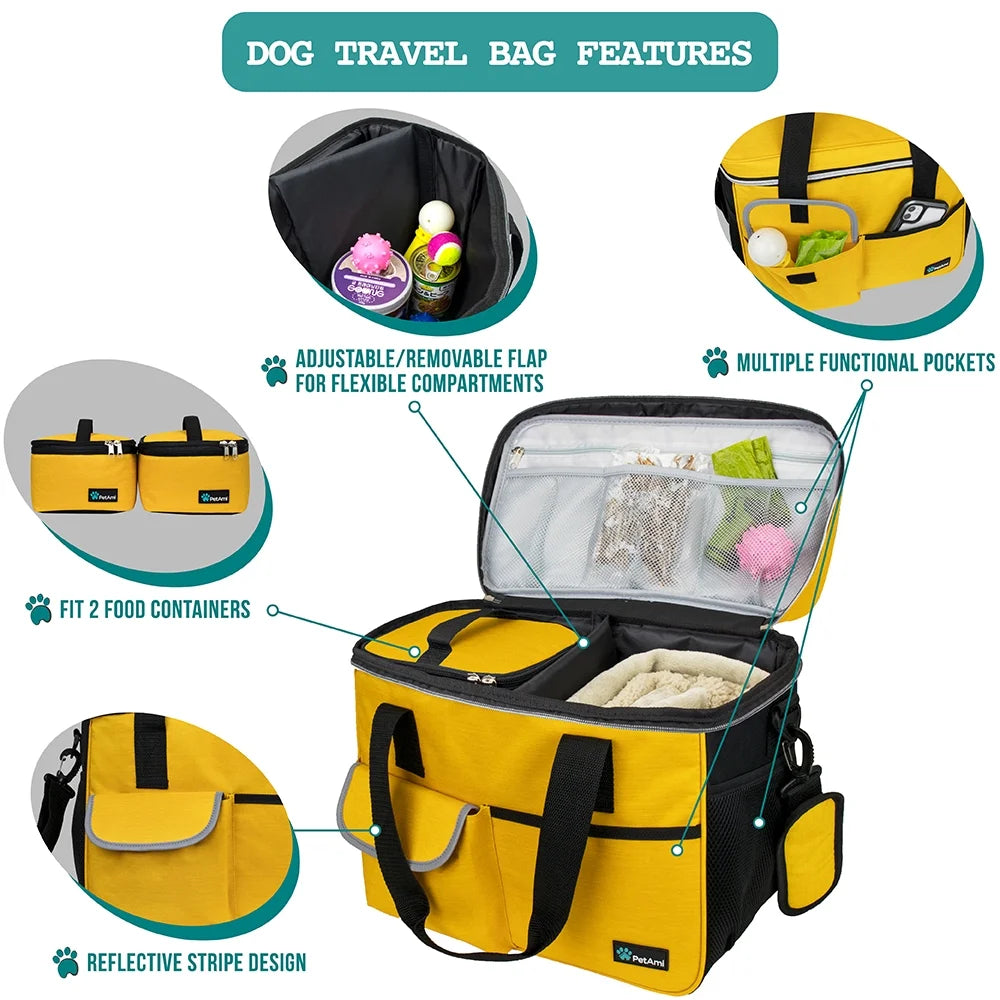 Dog Travel Bag, Travel Pet Bag Organizer, Dog Food Travel Bag with Food Container and Bowls, Dog Travel Supplies Gift Accessories for Weekend Camping, Dog Cat Diaper Bag (Stripe Black, Medium)