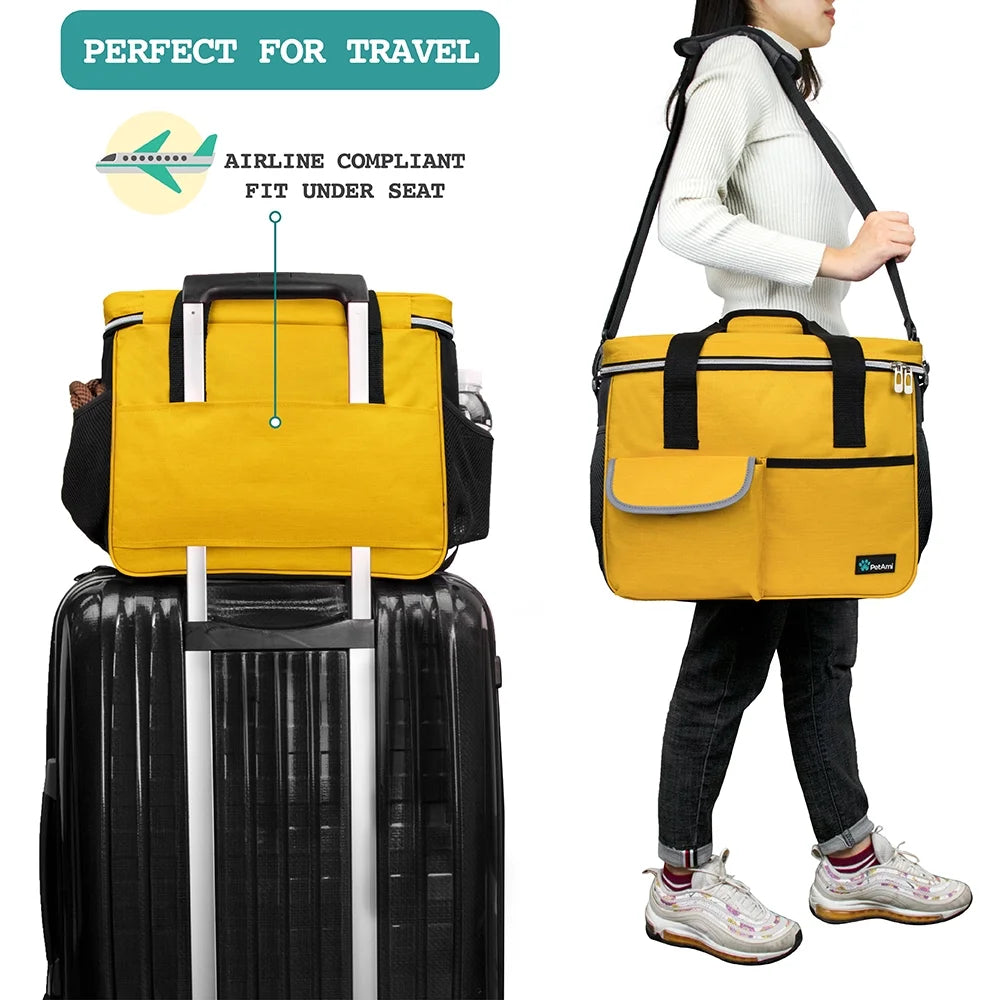 Dog Travel Bag, Travel Pet Bag Organizer, Dog Food Travel Bag with Food Container and Bowls, Dog Travel Supplies Gift Accessories for Weekend Camping, Dog Cat Diaper Bag (Stripe Black, Medium)