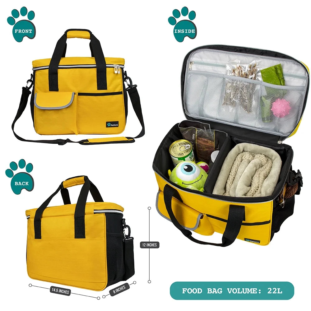 Dog Travel Bag, Travel Pet Bag Organizer, Dog Food Travel Bag with Food Container and Bowls, Dog Travel Supplies Gift Accessories for Weekend Camping, Dog Cat Diaper Bag (Stripe Black, Medium)